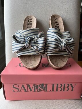 Sam & Libby Cream and Blue Striped Bow Slide Mules